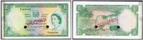 Bank of Rhodesia and Nyassaland. 1 Pound 3rd april 1956. Specimen. Serial number X/1 000000. Red overprint ''SPECIMEN'' on face and back. Punch holes....