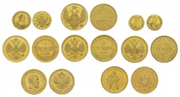Collection of 29 gold coins : Elizabeth I, Ruble 1756; Catherine II, Poltina 1777; Nicholas I, 5 Rubles 1846, 1853, 1854; Alexander II, 5 Rubles 1860,...