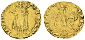 Aragon. Martí I, 1396-1410. Gold Florin ND. Obv. ARAG-O REX MAR. Fleur de lis. Rev. S IOHA-NNES B. St John the Baptist standing. Cru.VS-504. AU. 3.38 ...