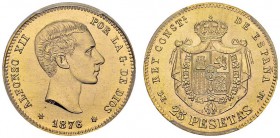Alfonso XII, 1874-1885. 25 Pesetas 1876 (19-62), Vaduz (Liechtenstein). KM 673; Fr. 342R. AU. 8.06 g. PCGS MS 65
