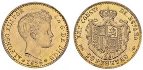 Alfonso XIII, 1886-1931. 20 Pesetas 1896 (19-62), Vaduz (Liechtenstein). KM 709; Fr. 348R. AU. 6.45 g. PCGS MS 65