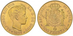 100 Pesetas 1897 (19-62), Vaduz (Liechtenstein). Obv. ALFONSO XIII PER LA G DE DIOS. Bare young head right. Rev. REY CONSTL DE ESPANA / 100 PESETAS. C...