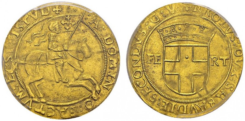 Savoie. Charles II, 1504-1553. Ecu d'or au cavalier à la tête heaumée ND GV, Cor...