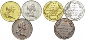 Lot de trois jetons 1893 par Hugues Bovy et V. Schlütter. 27 mm. Assemblée générale de la Société Suisse de Numismatique à Genève, J. C. Hedlinger. Br...