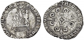 Vaud / Waadt. Georges de Saluces, 1440-1461. Deux-gros ND, Av. AVE MARIA GRA PLENA DNS TE. Vierge à l'enfant, debout sur son flanc gauche, au-dessus d...