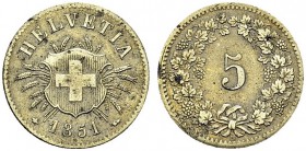 Confederation, 1848-. 5 Centimes 1851 BB, Strasbourg. HMZ 2-1211d; KM 5. BI. 1.63 g. AU