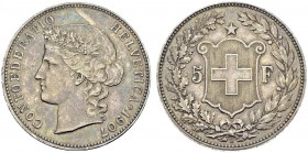 5 Francs 1907 B, Bern. HMZ 2-1198k; KM 34. AR. 25.08 g. AU