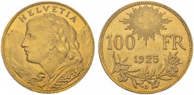 100 Francs 1925 B, Bern. HMZ 2-1193a; KM 39; Fr. 502. AU. 32.25 g. PCGS MS 66
The highest graded with 9 graded MS 66 at PCGS and 14 at NGC. Superb co...
