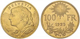 100 Francs 1925 B, Bern. HMZ 2-1193a; KM 39; Fr. 502. AU. 32.27 g. PCGS MS 64+