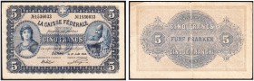 La Caisse Fédérale. 5 Francs, 10 août 1914. Serial number 1536033. Pick 15. F-VF staple holes