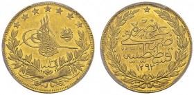 Abdul Hamid II, 1876-1909. 100 Kurush AH 1293 Year 34 (1909), Constantinople. KM 730; Fr. 36. AU. 7.23 g. PCGS MS 62