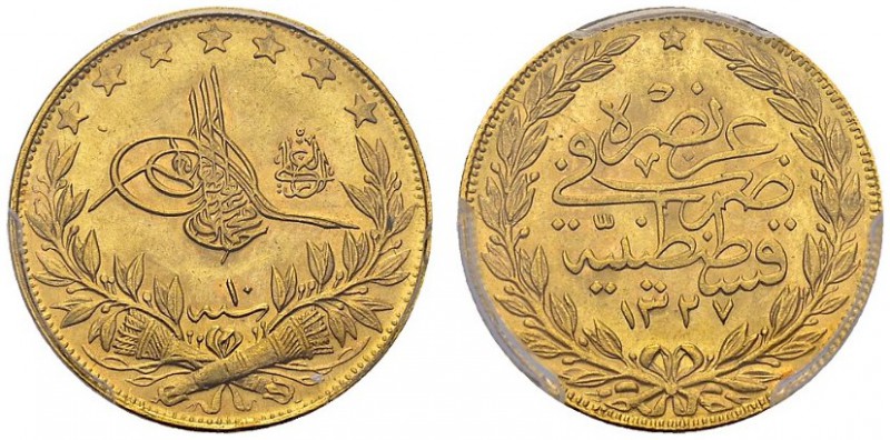 Muhammad V, 1909-1914. 100 Kurush AH 1327 Year 10 (1918), Constantinople. KM 776...