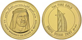 Dubaï. Mohammed bin Rashid Al Maktoum, 2006-. Gold medal 2007 by DMCC Dubaï. 31 mm. Burj al Arab. 1 oz fine gold. AU. 31.10 g. GEM UNC