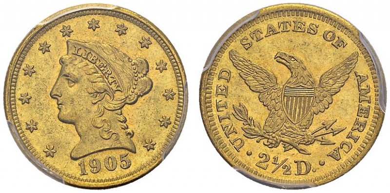 2 ½ Dollars 1905, Philadelphia. KM 72; Fr. 114. AU. 4.18 g. PCGS MS 64