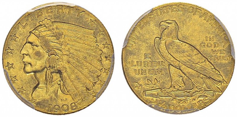 2 ½ Dollars 1908, Philadelphia. Liberty head. KM 72; Fr. 114. AU. 4.18 g. PCGS M...