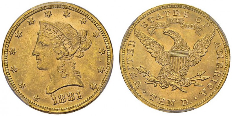 10 Dollars 1881, Philadelphia. KM 102; Fr. 158. AU. 16.72 g. PCGS MS 63
