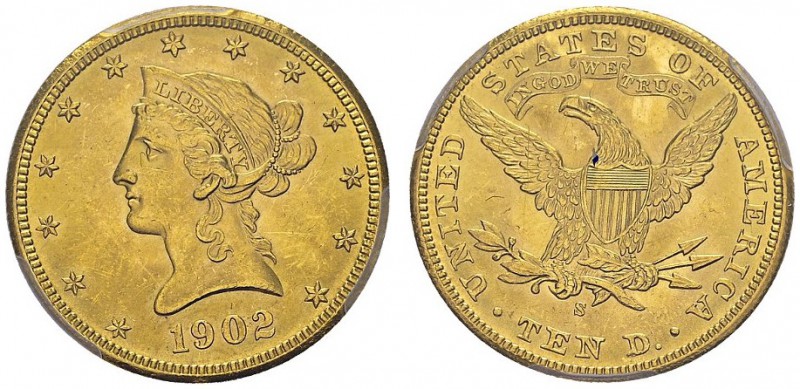 10 Dollars 1902 S, San Francisco. KM 102; Fr. 160. AU. 16.72 g. PCGS MS 64
