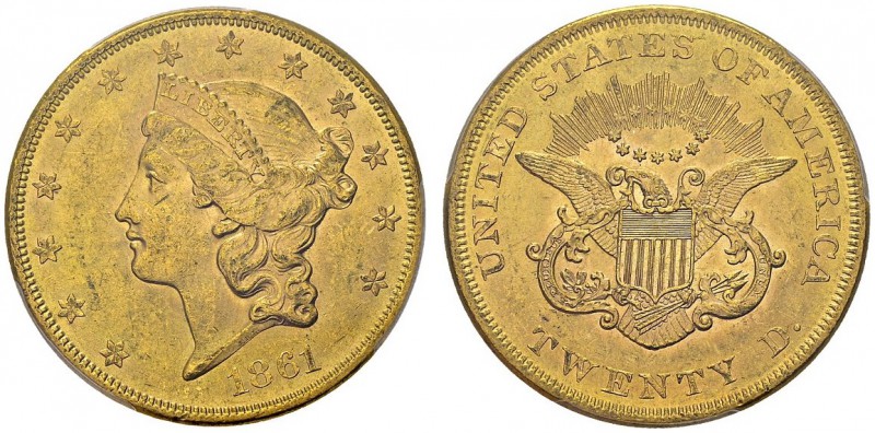 20 Dollars 1861, Philadelphia. KM 74.1; Fr. 171. AU. 33.44 g. PCGS MS 62
Rare i...