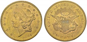 20 Dollars 1861, Philadelphia. KM 74.1; Fr. 171. AU. 33.44 g. PCGS MS 62
Rare in this condition, with a total of 226 coins graded MS 62 at PCGS and N...