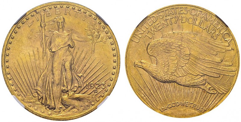 20 Dollars 1923, Philadelphia. KM 131; Fr. 185. AU. 33.44 g. NGC MS 64