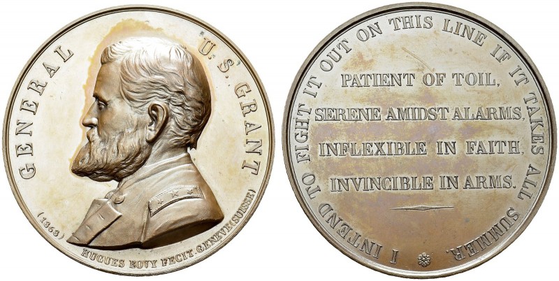 Bronze medal 1868 by Hugues Bovy. 60.5 mm. General U. S. Grant. BR. 128.33 g. UN...