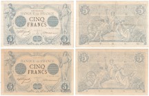 Banque de France. Lot de deux billets : 5 Francs Noir 9 mai 1873, numéro de série 62030320, alphabet F.2482 ; 5 Francs Noir 11 juillet 1873, numéro de...