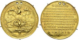 POLAND / POLEN. John II Casimir, 1648-1668. 15 Ducats gold medal 1654 by Johann Höhn. Struck for the 200th anniversary of the liberation of the city o...