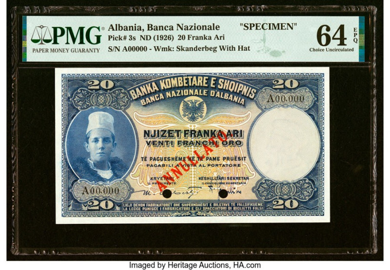 Albania Banca Nazionale D'Albania 20 Franka Ari ND (1926) Pick 3s Specimen PMG C...
