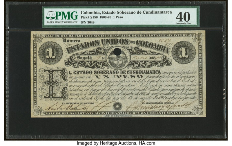 Colombia Estado Soberano de Cundinamarca 1 Peso 13.8.1869 Pick S156 PMG Extremel...