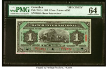Colombia Banco Internacional 1 Peso 15.12.1884 Pick S561s Specimen PMG Choice Uncirculated 64. Three POCs. HID09801242017 © 2023 Heritage Auctions | A...