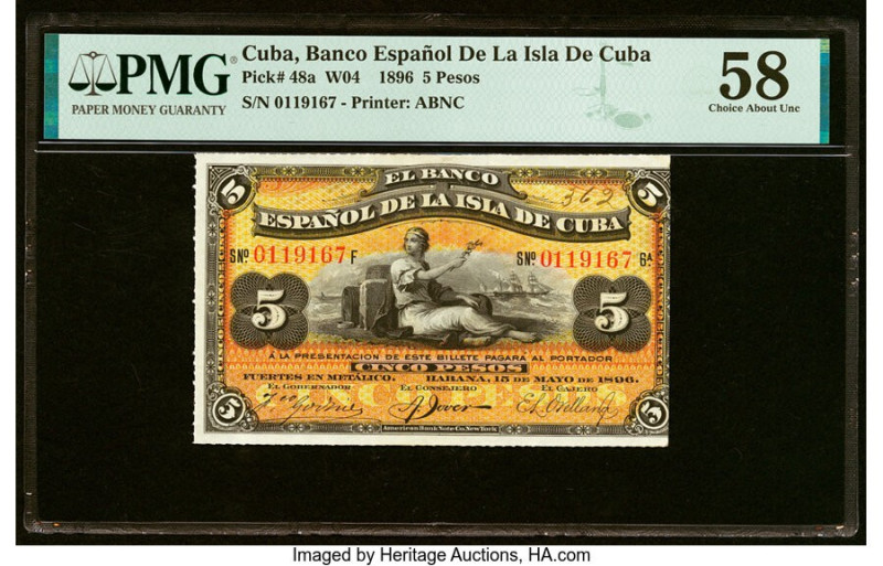 Cuba Banco Espanol De La Isla De Cuba 5 Pesos 15.5.1896 Pick 48a PMG Choice Abou...