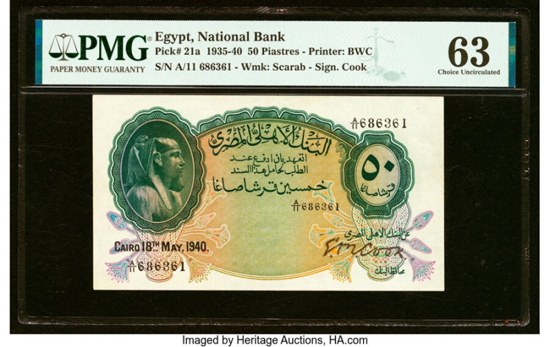 Egypt National Bank of Egypt 50 Piastres 18.5.1940 Pick 21a PMG Choice Uncircula...