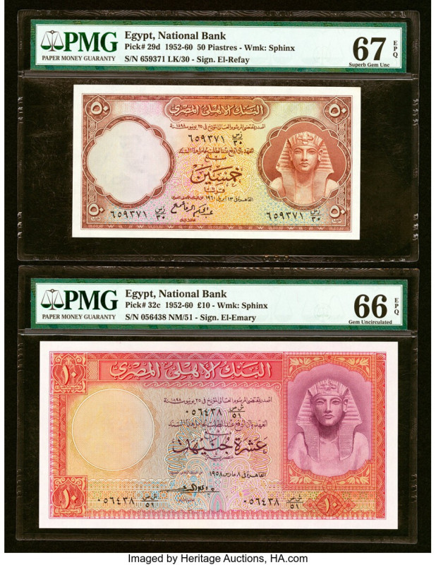 Egypt National Bank of Egypt 50 Piastres; 10 Pounds 1952-60 Pick 29d; 32c Two Ex...