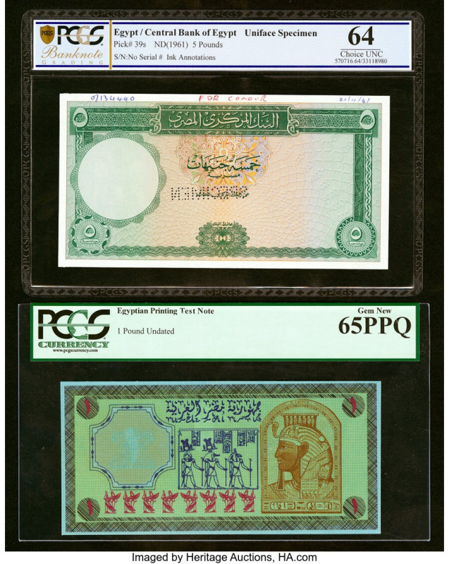 Egypt Central Bank of Egypt 5; 1 Pounds ND (1961); ND Pick 39s Specimen / Test N...