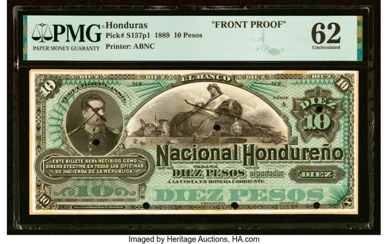 Honduras Banco Nacional Hondureno 10 Pesos 1889 Pick S157p1 Front Proof PMG Unci...