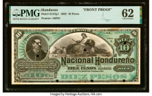 Honduras Banco Nacional Hondureno 10 Pesos 1889 Pick S157p1 Front Proof PMG Uncirculated 62. Six POCs, pen Cancelled and edge piece missing. HID098012...