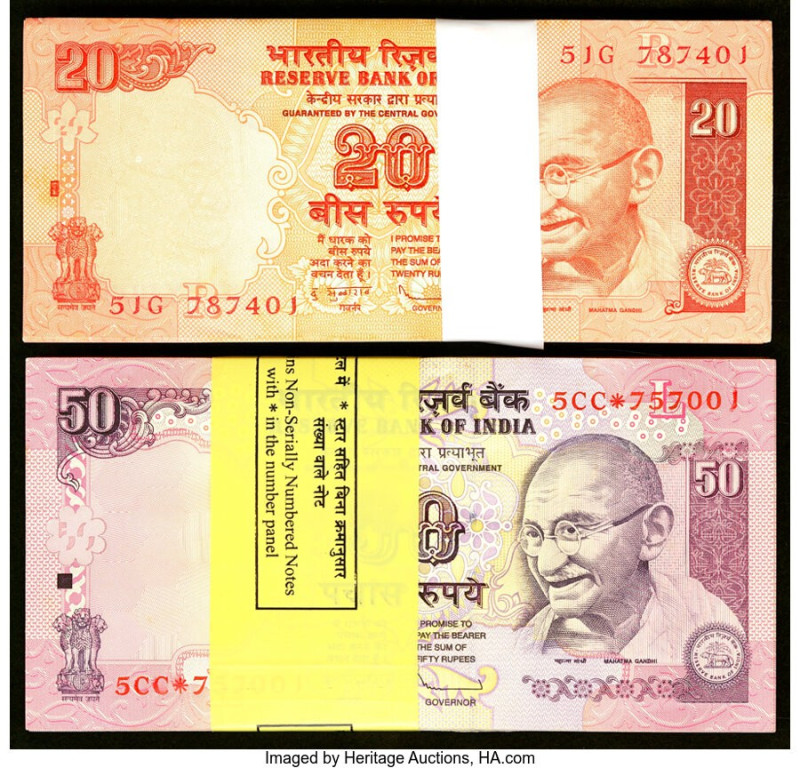 India Reserve Bank of India 20; 50 Rupees 2011 Pick 96p; 97x Two Packs of 100 No...