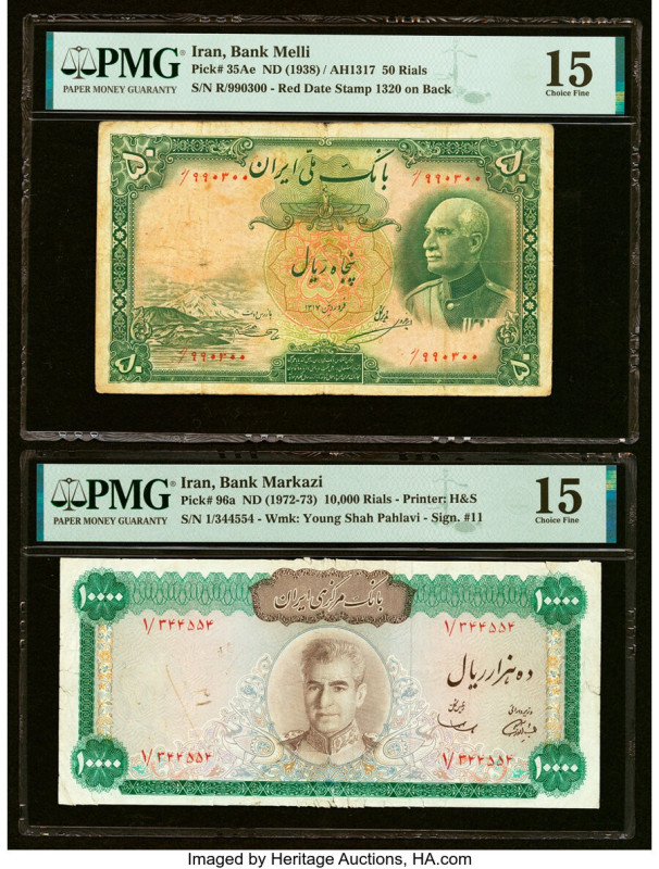 Iran Bank Melli; Bank Markazi 50; 10,000 Rials ND (1938); ND (1972-73) Pick 35Ae...