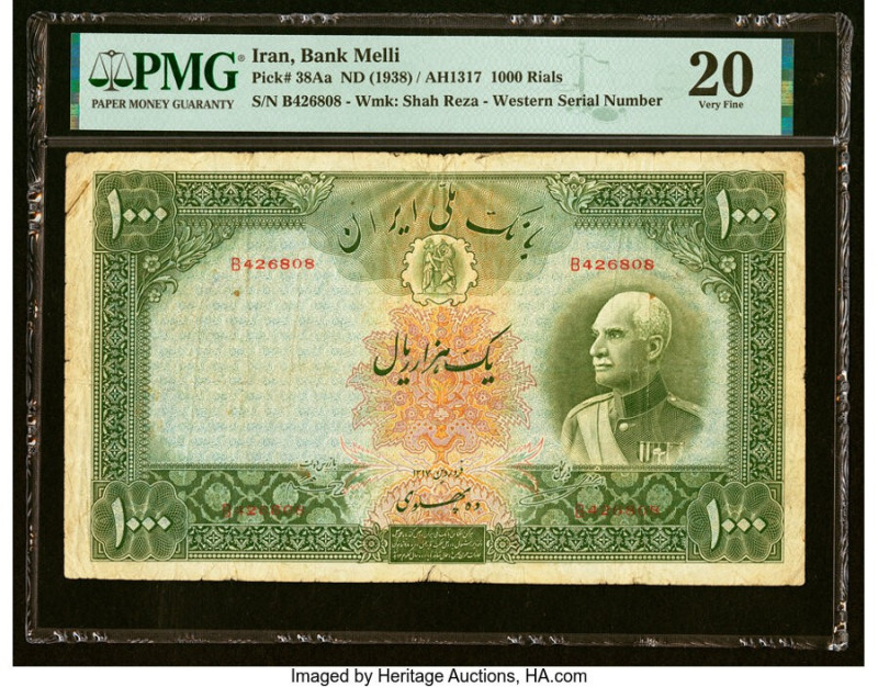 Iran Bank Melli 1000 Rials ND (1938) / AH1317 Pick 38Aa PMG Very Fine 20. Previo...