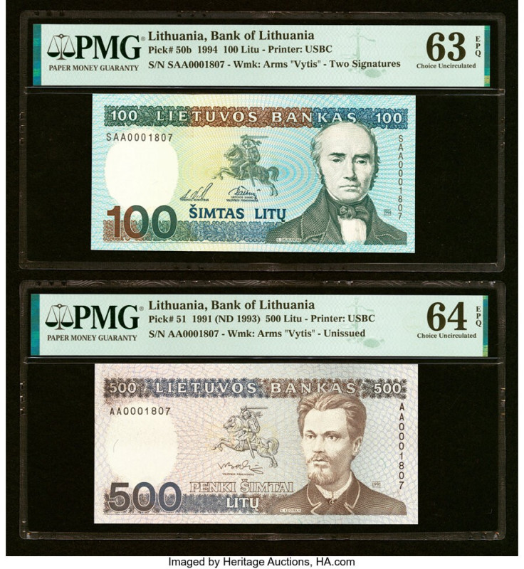 Matching Serial Numbers 1807 Lithuania Bank of Lithuania 100; 500 Litu 1994; 199...