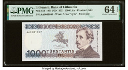 Serial Number 1807 Lithuania Bank of Lithuania 1000 Litu 1991 (ND 1993) Pick 52 with Souvenir Folder PMG Choice Uncirculated 64 EPQ. HID09801242017 © ...