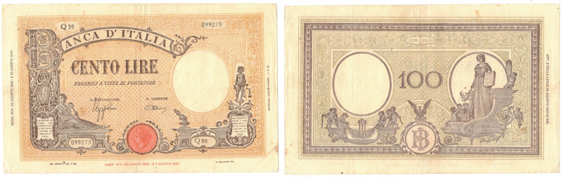 Cartamoneta. Regno d'Italia. Vittorio Emanuele III. 100 Lire Grande B. D.M. 23-0...