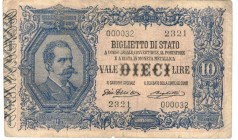 Cartamoneta. Regno d'Italia. Vittorio Emanuele III. 10 Lire Effigie di Umberto I. D.M. 11-10-1915. Gig. BS17D. MB+. Pieghe stirate, piccoli strappetti...