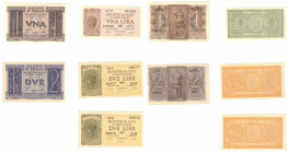 Cartamoneta. Regno d'Italia. Vittorio Emanuele III. Lotto di 5 Biglietti. 1 Lira 1939, 2 Lire 1939 x2 , 1 Lira 1944, 2 Lire 1944 x2. Mediamente SUP. 2...