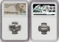 LUCANIA. Metapontum. Ca. 340-330 BC. AR stater (20mm, 3h). NGC VF. Ap- and Ami-, magistrates. Head of Leucippus right, wearing Corinthian helmet pushe...