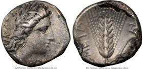 LUCANIA. Metapontum. Ca. 330-280 BC. AR stater (21mm, 2h). NGC Choice VF, scratches. Head of Demeter right, crowned with grain; ΔAI before / META, gra...