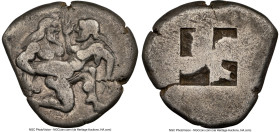 THRACIAN ISLANDS. Thasos. Ca. 500-450 BC. AR stater (21mm, 8.02 gm). NGC Fine 5/5 - 4/5. Nude ithyphallic satyr running right, carrying nymph, her rig...