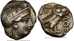 ATTICA. Athens. Ca. 393-294 BC. AR tetradrachm (23mm, 7h). NGC XF, graffito. Late mass coinage issue. Head of Athena with eye in true profile right, w...