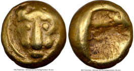 IONIA. Miletus. Ca. 600-550 BC. EL 1/24 stater or myshemihecte (7mm, 0.57 gm). NGC Choice VF 4/5 - 4/5. Lion or panther head facing / Irregular incuse...