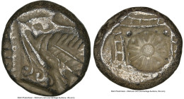 CARIA. Halicarnassus. Ca. 510-480 BC. AR hecte (10mm). NGC Choice XF. Head of ketos right, with pointed ear, pinnate mane, long snout, and mouth open ...